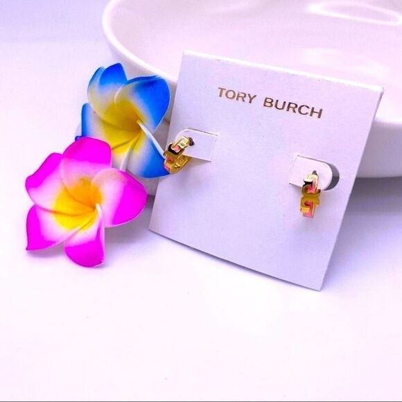 New Tory Burch Gold Logo, Pink Enamel Small Huggie Hoop - Picture 7 of 14